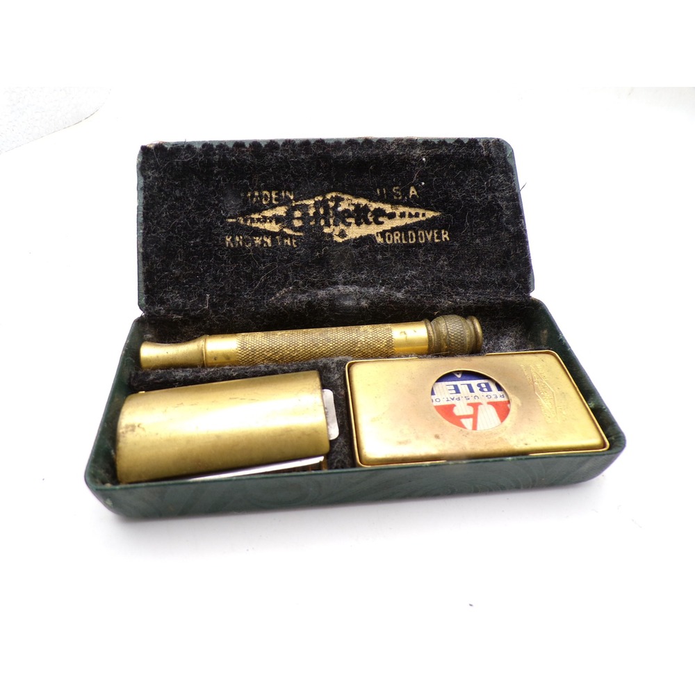 Vintage Gillette Gold Tone Open Comb Safety Razor Set with Case and Blade Bank